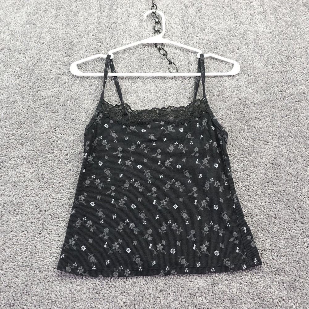 Aerie Cami Womens Extra Small Black Floral Lace Trim Ribbed Strappy Tank Top